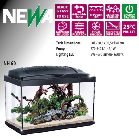 Аквариум Newa Hobby NH 60, 60 л с фильтром, нагревателем, аэрацией и LED освещением​