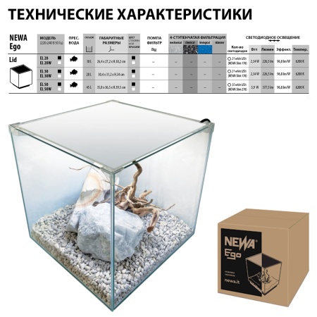 Аквариум Newa Ego LID, EL 20W, 18 л панорамный, LED освещение, белая стеклянная крышка​