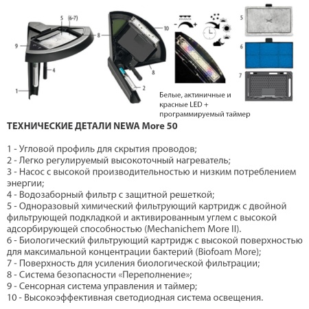Аквариум Newa More NMO 50W Daylight LED 45 л с фильтром, нагревателем и освещением рассвет-закат, бе