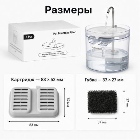 Фильтр для автопоилки фонтана PW28, сменный (4 фильтра + 4 губки)